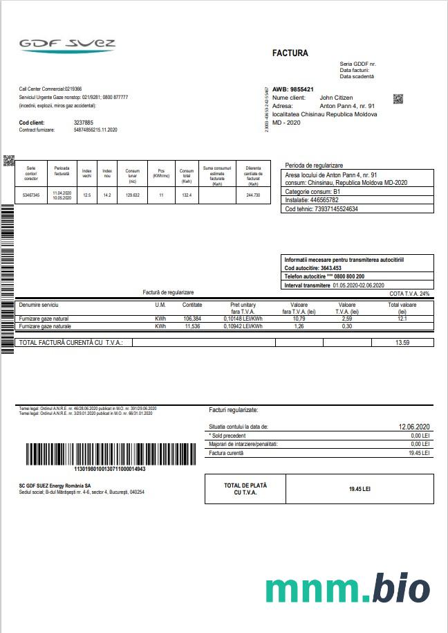 Szablon rachunku za gaz w Mołdawii w formacie Word i PDF